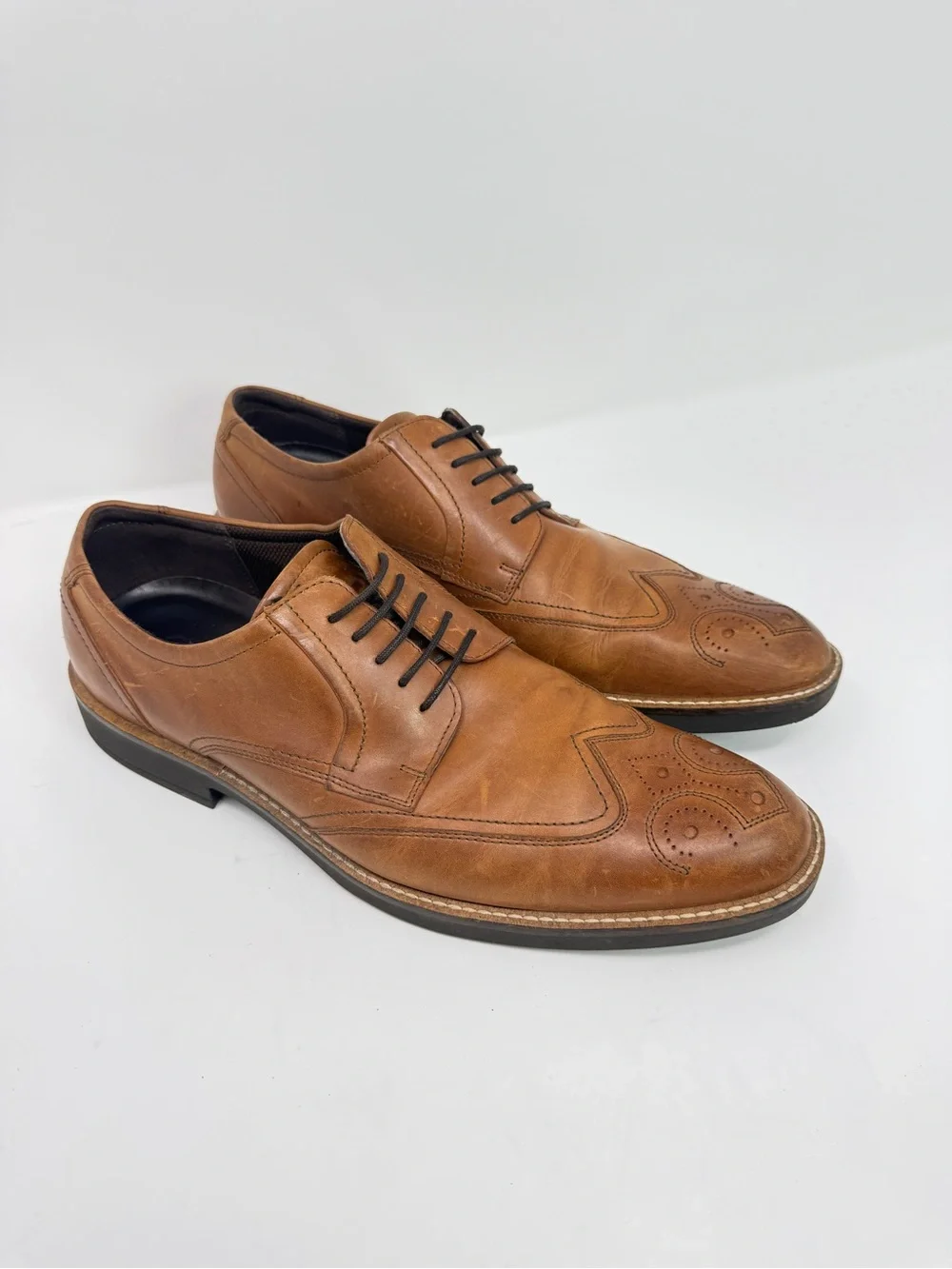 ECCO Derby Oxfords Brown Leather Wingtip Brogue Detail Dress Shoes Men's Size 45